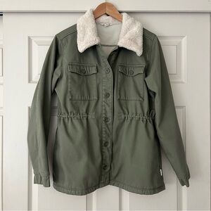 Hang Ten Womens Utility Fleece Lined Jacket Olive Sherpa Collar Chore Coat Large